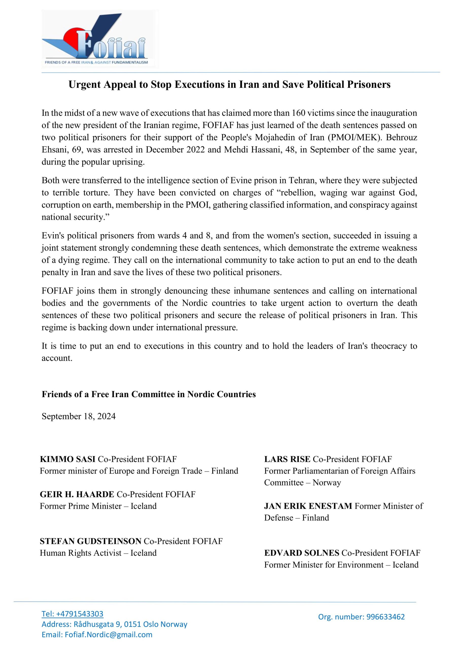 Nordic Fofi Appeal to Stop Executions in Iran and Save Political Prisoners