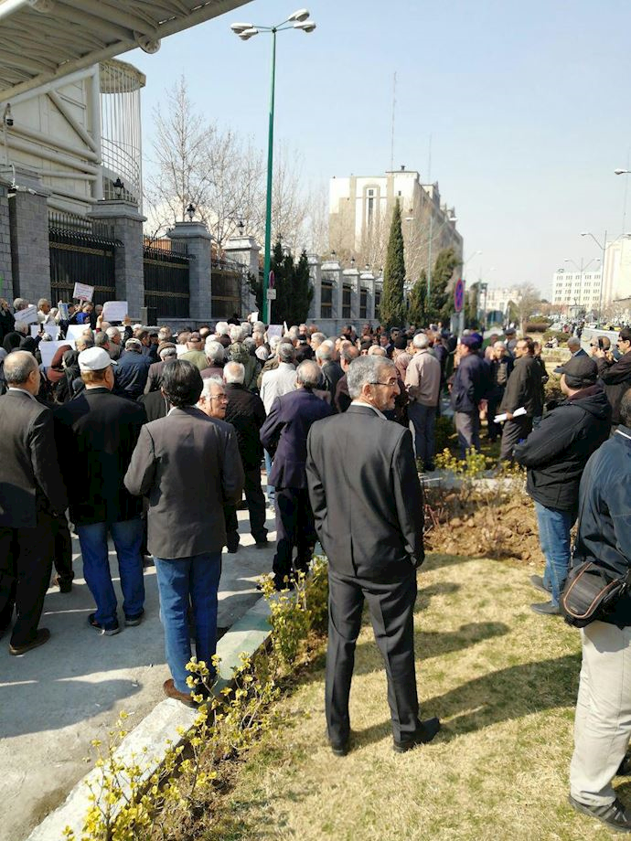 Retirees from across the country seen protesting in front of the regime’s Majlis (parliament) in Tehran, Iran – February 26, 2019