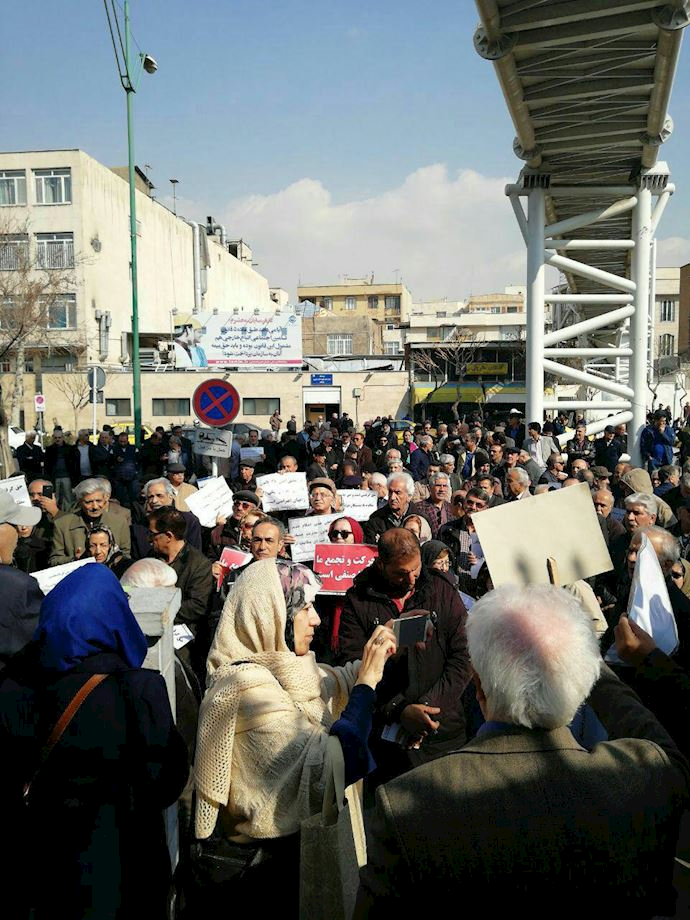 Retirees from across the country seen protesting in front of the regime’s Majlis (parliament) in Tehran, Iran – February 26, 2019