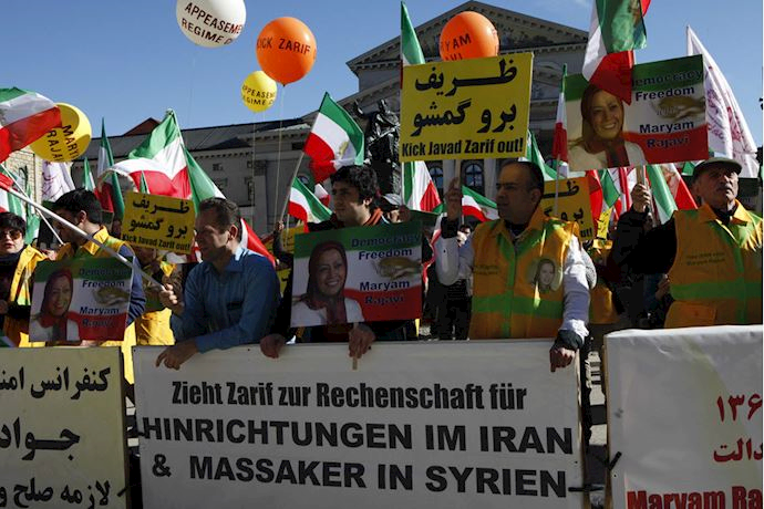 Supporters of Iranian opposition Peoples Mojahedin Organization of Iran (PMOI/MEK) rallying in Munich, chanting “Zarif get lost!”