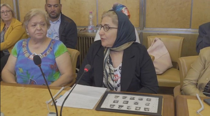 Sima Mirzaee, a family member of 14 individuals executed by the Iranian regime at the UN discussing human rights conditions in Iran – Palais des Nations, UN – September 20, 2019