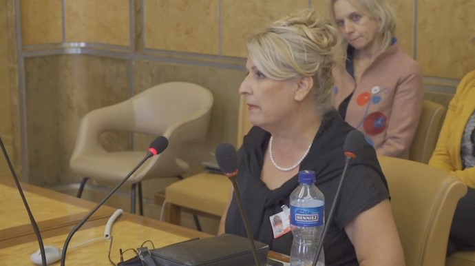 Massoumeh Joushaghani, a former political prisoner in Iran at the UN discussing human rights conditions in Iran – Palais des Nations, UN – September 20, 2019