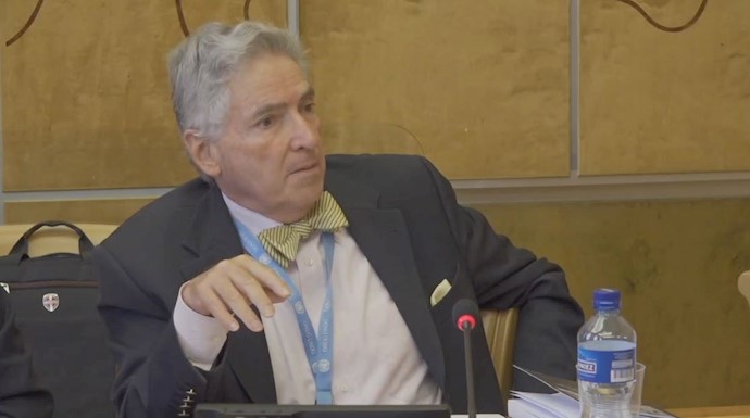 Alfred-Maurice de Zayas, former UN expert on the promotion of a democratic and equitable international order at the UN discussing human rights conditions in Iran – Palais des Nations, UN – September 20, 2019