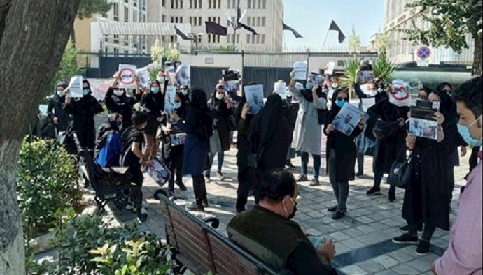 A group of Nurses holding a rally outside the regime’s Majlis (parliament) in Tehran, Iran—October 5, 2020