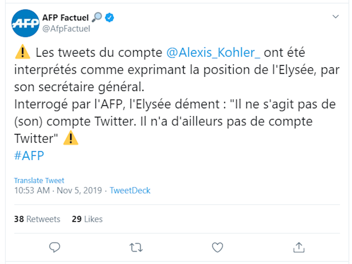 Tweet of AFP regarding the fake account of Alexis Kohler, Secretary-General of the office of French President Emmanuel Macron in Elysée. Tweet of AFP regarding the fake account of Alexis Kohler, Secretary-General of the office of French President Emmanuel Macron in Elysée.