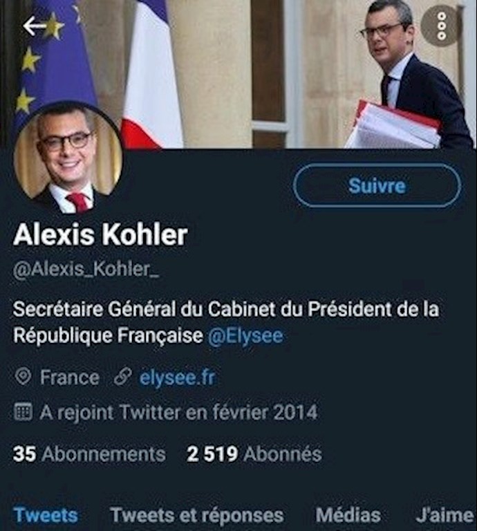 Fake account made by the MOIS in the name of Alexis Kohler, Secretary-General of the office of French President Emmanuel Macron in Elysée. Fake account made by the MOIS in the name of Alexis Kohler, Secretary-General of the office of French President Emmanuel Macron in Elysée.