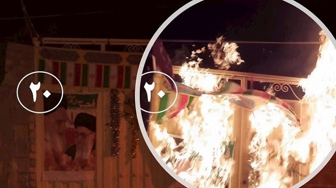 Kazerun- Torching banners of Khamenei and Khomeini, related to the regime’s ceremonies on the anniversary of the 1979 revolution- February 10, 2021 Kazerun- Torching banners of Khamenei and Khomeini, related to the regime’s ceremonies on the anniversary of the 1979 revolution- February 10, 2021