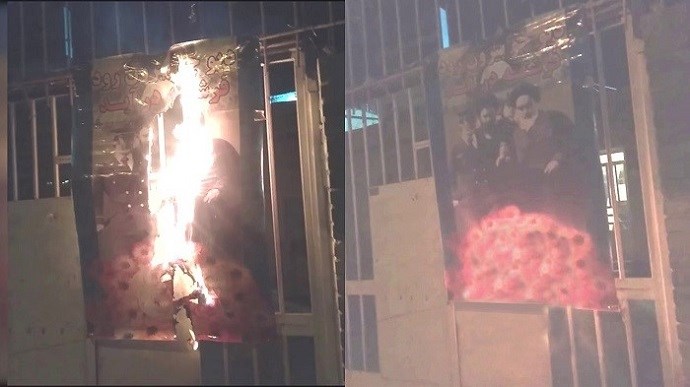 Neyshabur – Torching a large poster of Khomeini – February 10, 2021 Neyshabur – Torching a large poster of Khomeini – February 10, 2021
