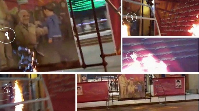 Isfahan – The seminaries, centers of repression and recruiting terrorists - Torching three banners of Khomeini, Khamenei, and Qassem Soleimani – February 10, 2021 Isfahan – The seminaries, centers of repression and recruiting terrorists - Torching three banners of Khomeini, Khamenei, and Qassem Soleimani – February 10, 2021